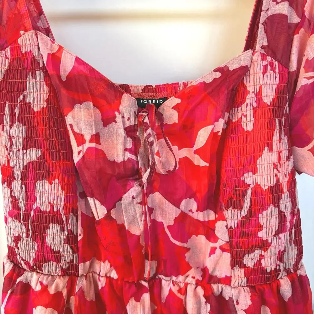 Torrid Milkmaid Maxi Dress Colorful Smocked Sundress Red Floral Vacation 2X